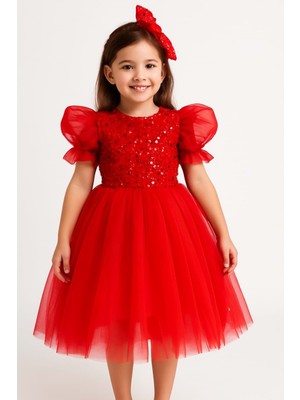 Mnk Baby & Kids Kırmızı Balon Kol Pul Payet Kız Çocuk Tütü Elbise M00751 Özel Davetler İçin Zarif Seçim