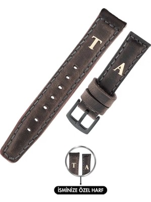 Isme Özel El Dikişli Saat Kordonu - %100 Crazy Deri - AG03002 - Antrasit