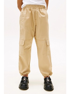 Kız Çocuk Beli Lastikli Kargo Cepli Pantolon - Bej