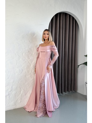 Kolları Dantelli Pudra Saten Abiye Elbise
