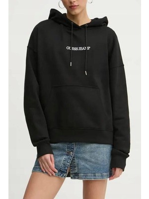 Kadın Kapüşonlu Nakış Logolu Oversize Sweatshirt - Siyah