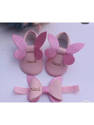 Bebeğinize Özel Pembe Simli Ayakkabı + Saç Bandı