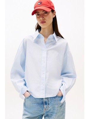 Kadın Cropped Kesim Çizgili Poplin Gömlek - Mavi