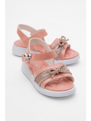 Çocuk Taşlı Cırtlı Sandalet Pudra
