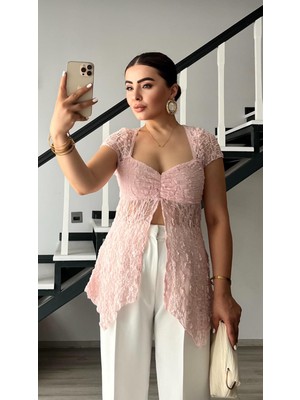 Pudra Pembe Asimetrik Dantel Bluz