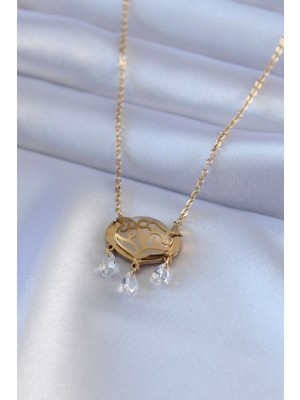 316L Çelik Gold Renk Lotus Model Zirkon Taşlı Kadın Kolye - TJ-BKO7578