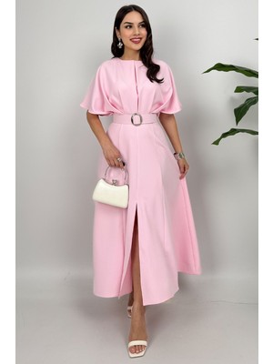 Dolcha Kadın Kemer Detaylı Pembe Elbise – Zarafet İçin Özel Gün Abiye Silüeti