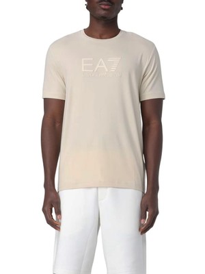 Erkek Bisiklet Yaka Kabartma Logo Baskılı T-Shirt - Bej