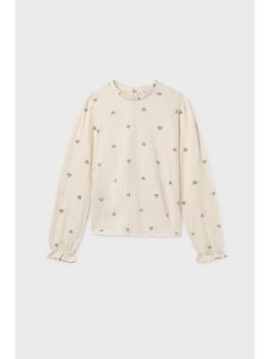 Kız Çocuk Kalp Desenli Bluz - Krem