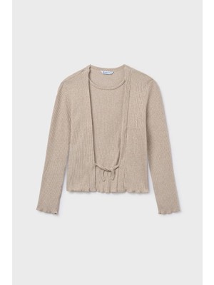 Kız Çocuk Önü Bağlamalı Örme Triko - Bej