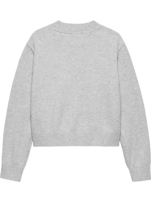 Kız Çocuk Dokulu Logolu Triko Kazak - Gri Melanj