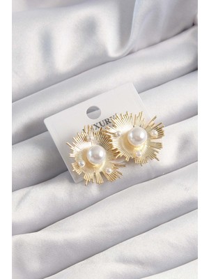 Pirinç Gold Renk Zirkon Taşlı Parlayan Inci Taneleri Küpe - TJ-BKP9505