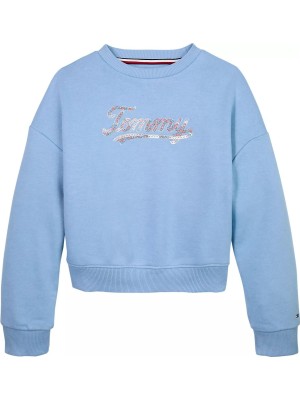 Kız Çocuk Payetli Script Logolu Sweatshirt - Mavi