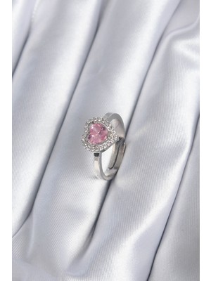 Pirinç Gümüş Renk Pembe Zirkon Taşlı Charm Model Kadın Yüzük - TJ-BYK2864