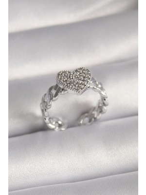 Pirinç Gümüş Renk Zirkon Taşlı Kalp Model Kadın Yüzük - TJ-BYK3093