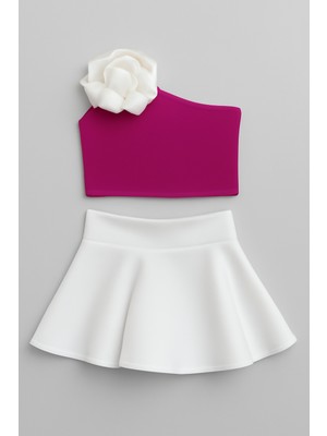 Kız Çocuk Dalgıç Kumaş  Crop Üst ve Beyaz Çiçek Detaylı Etek Takım