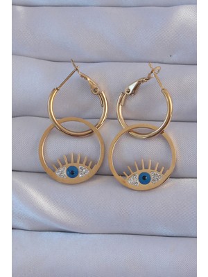 316L Çelik Gold Renk Zirkon Taşlı Mavi Göz Tasarımlı Halka Küpe - TJ-BKP9164