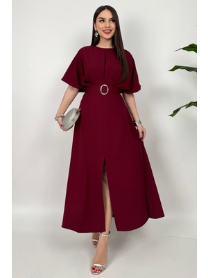 Dolcha Kadın Kemer Detaylı Bordo Elbise – Özel Günler İçin Zarif Basic Stil