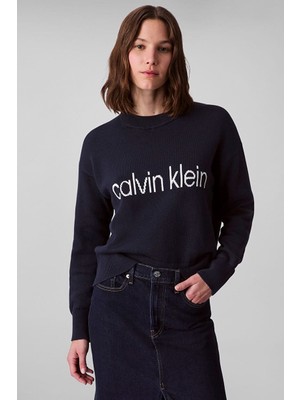 Kadın Jakarlı Logolu Triko Kazak - Lacivert