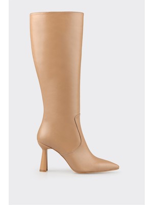 Naturel Deri Kadın Topuklu Çizme