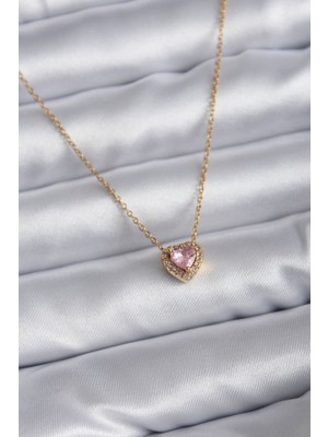 316L Çelik Zincir Gold Renk Pembe Zirkon Taşlı Charm Kadın Kolye - TJ-BKO7818