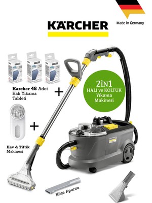 Karcher Puzzi Premium Set Halı Koltuk Yıkama Makinesi-Deterjan Kullanılabilir Yüksek Güçlü Halı ve Zemin Yıkama +Köşe Aparatı +Karcher 48 Adet Yıkamalı Deterjan