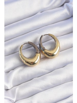 Pirinç Gold Gümüş Renkli Oval Bombeli Küpe - TJ-BKP9221