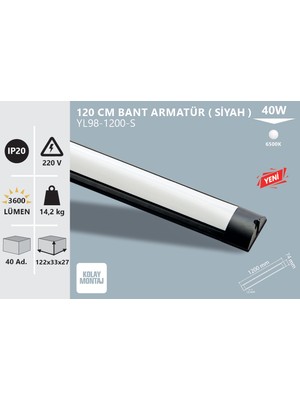 Noas 2'li 120 cm LED Siyah Kasa Bant Armatür 40W 6500K Beyaz Işık – Kolay Montaj