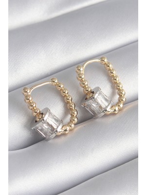 Pirinç Gold Renk Top Model Gümüş Renk Zirkon Taşlı Kadın Küpe - TJ-BKP8495