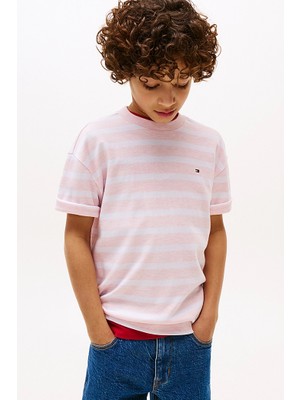 Erkek Çocuk Rahat Kesim Çizgili T-Shirt - Pembe