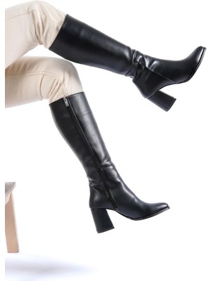 M&B COLLECT Siyah Long Fermuarlı Cilt Çizme - Sivri Burunlu Siyah Çizme, Kışlık Diz Altı Bot