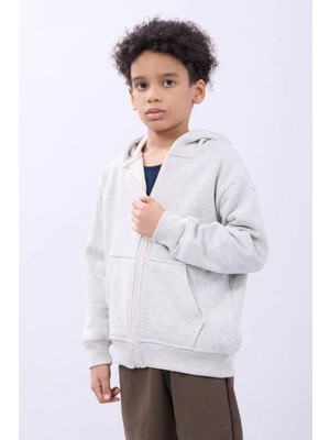 Erkek Çocuk Kapüşonlu Kanguru Çepli Tam Fermuarlı Hırka Sweatshirt - Gri