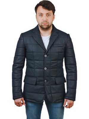 Derije Silva Hakiki Deri Erkek Lacivert Tafta Blazer Şişme Ceket