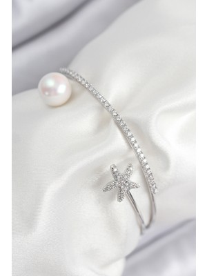 Pirinç Zirkon Taşlı Yıldız ve Inci Model Gümüş Renk Kadın Bileklik