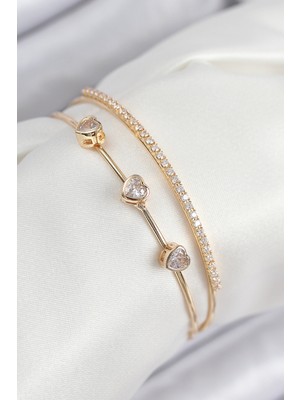 Pirinç Zirkon Taşlı Kalp Model Gold Renk Kadın Bileklik