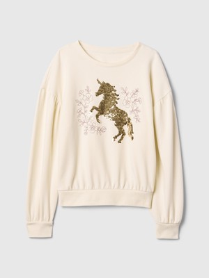 Gap Kız Çocuk Kırık Beyaz Relaxed Flippy-Sequin Grafikli Fransız Havlu Kumaş Sweatshirt