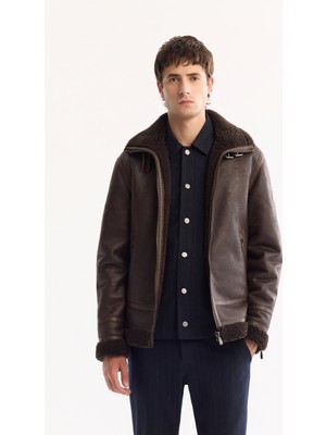 AVVA Erkek Kahve Kürklü Yaka Deri Görünümlü Napa Comfort Fit Mont A52Y6060