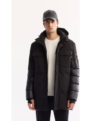 Avva Erkek Siyah Kapüşonlu Su İtici Rüzgar Geçirmez -10°C Dayanıklı Uzun Şişme Mont A52Y6125