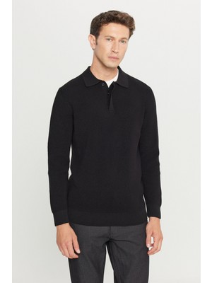Altınyıldız Classics Erkek Siyah Pamuklu Standart Fit Normal Kesim Jakarlı Polo Yaka Triko Kazak