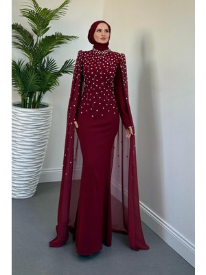 Flow Taşlı Pelerinli Abiye Bordo