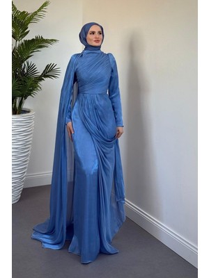 Rosalinne Tek Omuz Pelerinli Drapeli Jan Jan Abiye Indigo