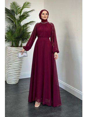 Jayla Kolları Taşlı Abiye Bordo
