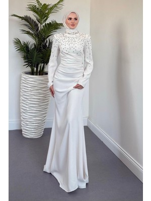 Lidya Taşlı Drapeli Balık Abiye Krem