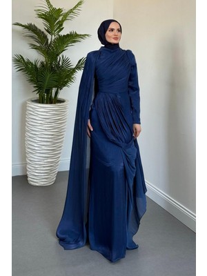 Rosalinne Tek Omuz Pelerinli Drapeli Jan Jan Abiye Lacivert