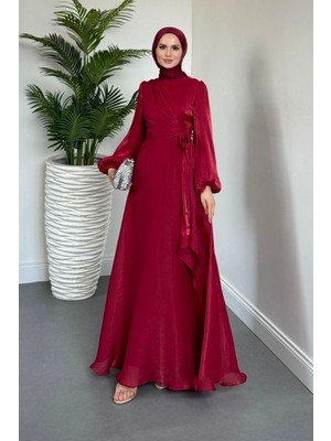 Celia Yandan Bağlamalı Janjan Abiye Bordo