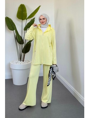 Verona Taşlı Fermuarlı Kapüşonlu Takım Butter Yellow