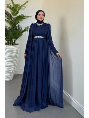 Solea Kolları Pelerinli Taşlı Abiye Lacivert