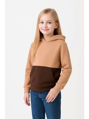 Kız Çocuk Kapüşonlu Kanguru Çepli Parçalı Sweatshirt - Renkli