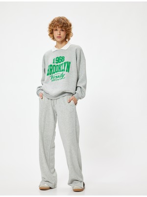 Şardonlu Polo Yaka Sweatshirt Oversize Kolej Baskılı Uzun Kollu