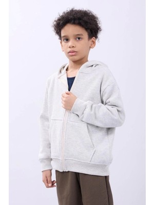 Erkek Çocuk Kapüşonlu Kanguru Çepli Tam Fermuarlı Hırka Sweatshirt - Gri